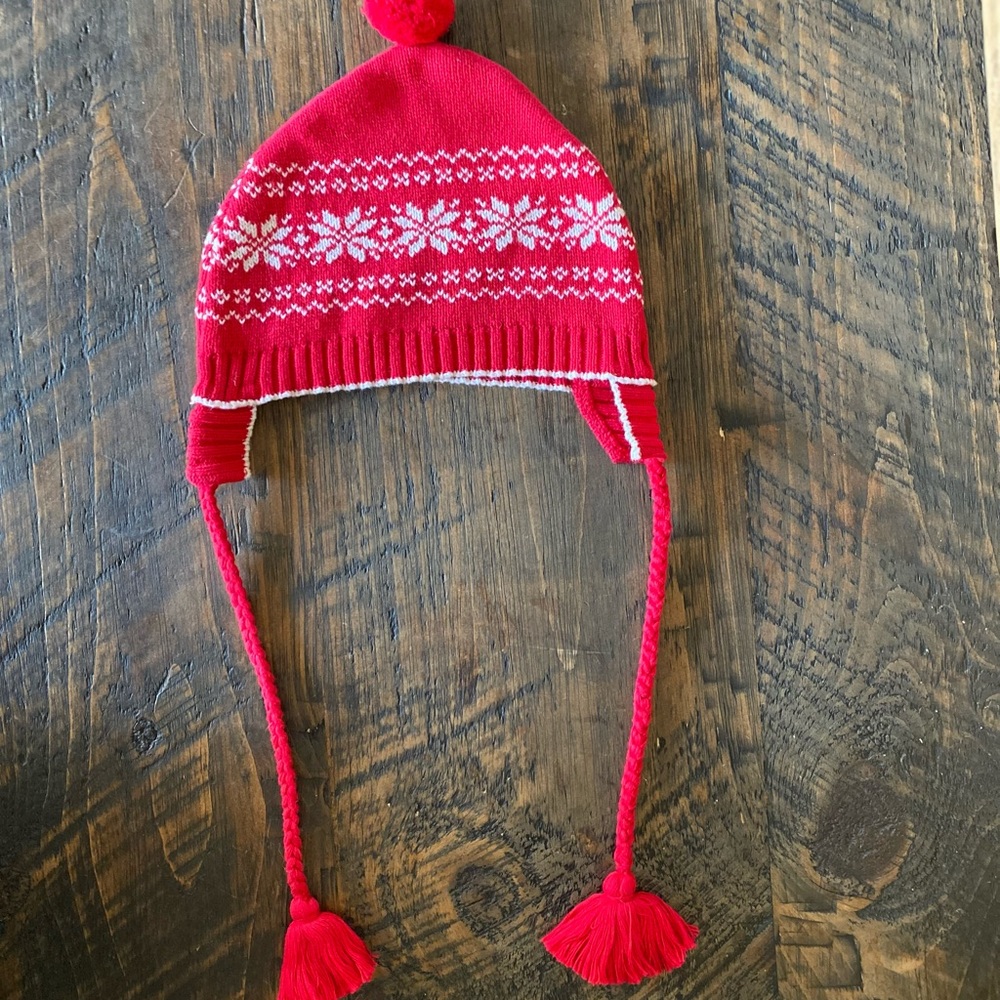 3/$15 🥳Hartstrings Winter Snowflake Knit Beanie w/ Earflap and Pom Balls